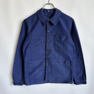 60s French Moleskin Jacket Coverall Work Jacket Blue L - Picture 1 of 20