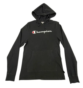 CHAMPION Hoodie Jumper Thin Lightweight Logo Fleece Pockets Unisex Black Size S - Picture 1 of 14
