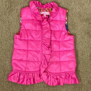 Lilly Pulitzer Girls Cora Puffer Vest Pink Size S (4-5) Ruffle Neck Full Zip - Picture 1 of 5