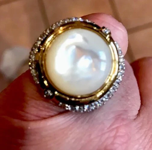  Ross Simons 14kt GOS sim Pearl Center W/CZ PAVE ring 6  - Image 1 of 4