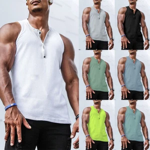 Men's Summer Sleeveless Vest Tank Top Button Collar Sports Shirt Fitness Bib Tee - Picture 1 of 25
