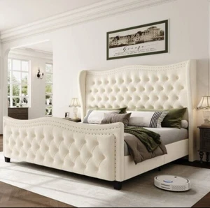 Upholstered Platform Bed Frame with Adjustable Headboard Wood Slats Support - Picture 1 of 7