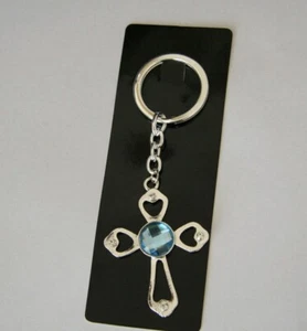 3 Christening Baptism Holy Communion Blue Stone Cross Keyring Bomboniere Favour - Picture 1 of 1