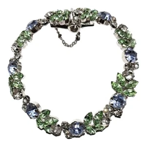 Vintage Austria Rhinestone Bracelet Green Blue Clear Silver Tone Signed Costume - Bild 1 von 11