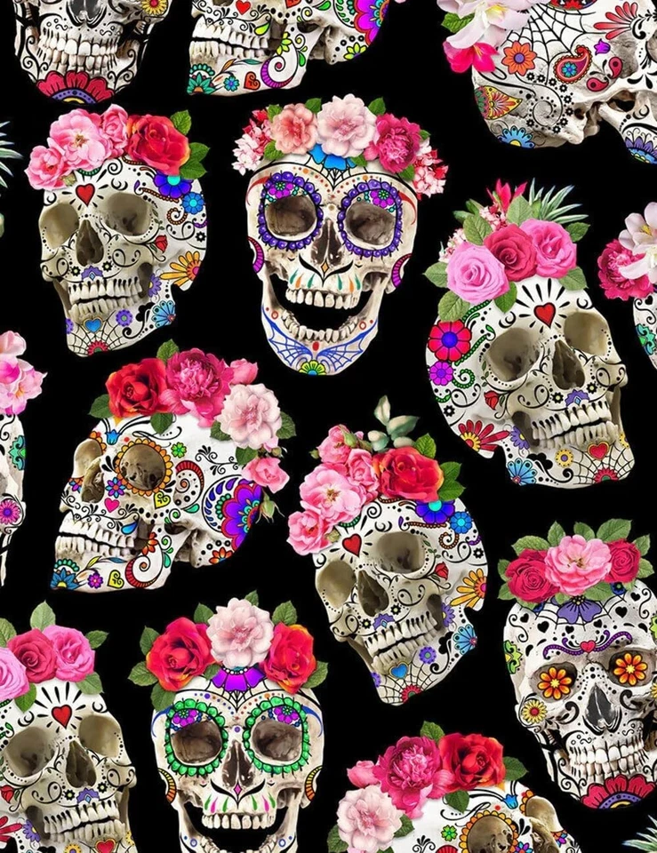 Calaveras digitales Esperanza con coronas de flores negras 100 % tela de algodón por yarda Foto 1 de 1