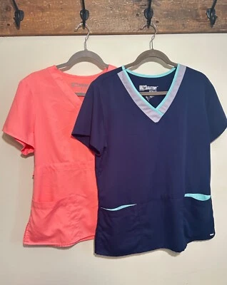 Greys Anatomy Barco V-Neck Scrub Tops Set of 2 Womens Sz L Uniform Peach Navy - Image 1 of 4