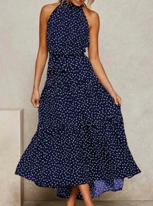 Polka Dot Halter Front Tie Up Tiered A-Line Maxi Dress Size M NWT - Bild 1 von 3