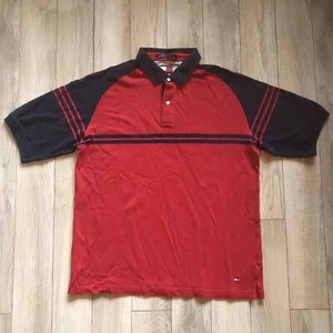 Tommy Hilfiger Mens XL Short Sleeve Polo Shirt Navy Blue Red Stripe 2-button - Picture 1 of 8