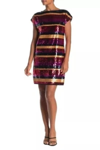 TRINA TURK Multi Bold Stripe Sequin BREENE Short Sleeve Shift Mini Dress 2 = XS - Picture 1 of 3