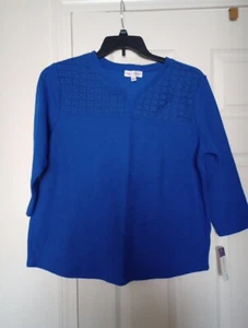 New Rebecca Malone Women's Royal Blue 3/4 Sleeve Crochet Front Shirt Large - Picture 1 of 6