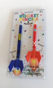 NPW ROCKET PENCILS and ERASERS COLOURING 1 RED 1 BLUE AGE 5+WILL STAND UP LAUNCH - Picture 1 of 3