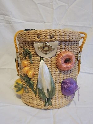 Bolso de mano redondo vintage de paja con frutas y verduras Mercado de paja de Filipinas  Foto 1 de 4