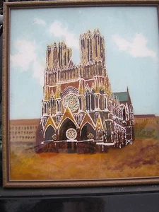 1946 OR 1947 Reverse Oil Painting RHEIMS CATHEDRAL FRANCE , CARLSON 19" x 17" - Picture 1 of 5