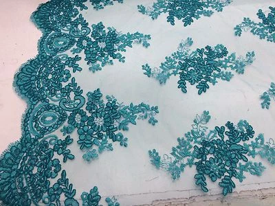 Verde azulado diseño de flor único bordado y con cordón en una malla de encaje-prom-se vende por yarda. Foto 1 de 4