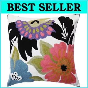 Boho Daisy Floral Pillow Cover - 18x18 Hand Embroidered for Indoor/Outdoor - Picture 1 of 11