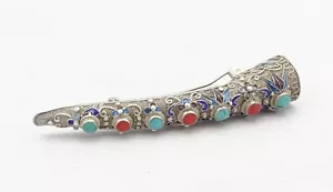 Antiguo broche protector de uñas de dedo de filigrana esmaltada con piedras preciosas de plata de ley - Imagen 1 de 3