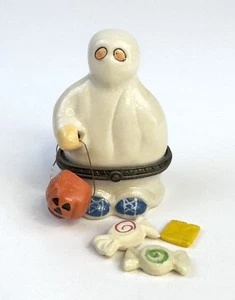 Porcelain Hinged Trinket Box Halloween Ghost Trick Or Treating With Candy - Picture 1 of 8