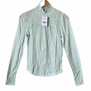 We The Free People Caroline Shirt Mock Neck Smocked Top Small Iced Aqua New $68 - Picture 1 of 12
