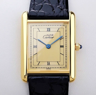 Cartier Watch Must Tank Gold Dial Roman Index LM Men's 23mm Quartz Black Strap - Image 1 of 4