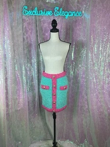 Balmain Paris Colorblock Boucle Knit Mini Skirt Menthe/Fuchsia Sz US8/FR40 NWT - Picture 1 of 20