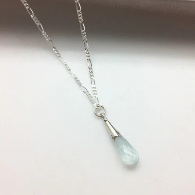 Genuine Aquamarine Pendant Sterling Silver Briolette Teardrop 1" Faceted 18" - Image 1 of 4