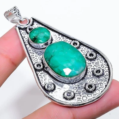 Emerald(Simulated) Gemstone 925 Sterling Silver Jewelry Pendant 2.68" Gift L920 - Image 1 of 4