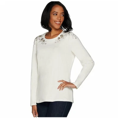 Denim & Co Perfect Jersey Top XXS White Round Neck Long Sleeve Embroidered NWOT Foto 1 de 2