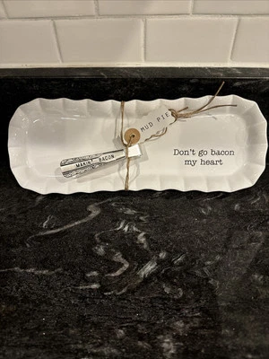 Bacon Serving Tray Set Mud PIe tongs wedding gift 11.5” Don’t go bacon my heart - Image 1 of 4