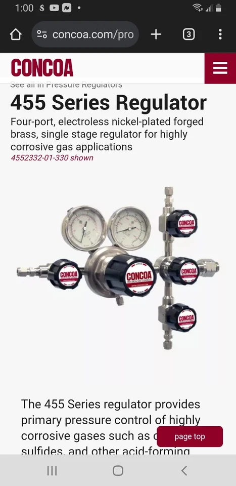 Regulador Serie Concoa 455 Modelo 4553332-01-330 Para Gases Altamente Corosivos Foto 1 de 4