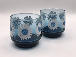 2 VTG 60's Flower Power Drinking Glasses Cobalt Blue with Daisy Lowball Tumblers - Bild 1 von 8