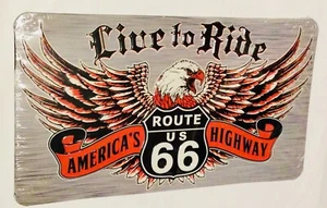 Letrero metálico Route 66 para motocicleta Live To Ride carretera águila garaje en relieve - Imagen 1 de 1