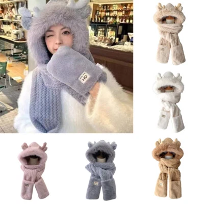 3 in 1 Plush Beanie Hats Scarf Gloves Set Thick Warm Slouchy Skull Neck Cover⇓ - Image 1 of 4