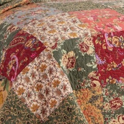 ¡NUEVO! ~ JUEGO DE EDREDONES FLORALES VINTAGE TALLA KING VERDE ROSA ROJO GRANATE ROJO BORGOÑA Foto 1 de 4