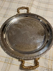 Vintage Round Silver Plated Platter Tray , 13 1/2 Inches With Handles 17 1/2" - Picture 1 of 7