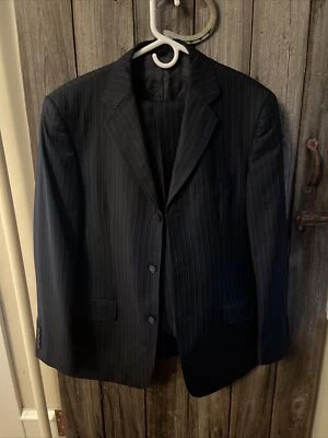 Traje 42R Vitale Barberis Canonico Super 110s 3 Botones Azul Marino con Rayas CONJUNTO Pantalones Foto 1 de 4