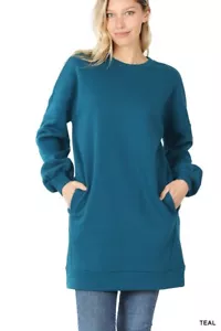 Zenana Sweatshirt Womens Long Line Crew Neck Oversized Pockets Teal S - Picture 1 of 4