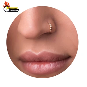 Gold Beaded Nose Ring - Dainty 8Mm Hoop 24 Gauge Gold Beads Piercing – Snug 14K - Picture 1 of 12