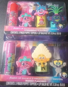 Trolls World Tour Jumbo Lip Balm & 6 Finger Puppet Toppers Strawberries & Mango - Picture 1 of 6
