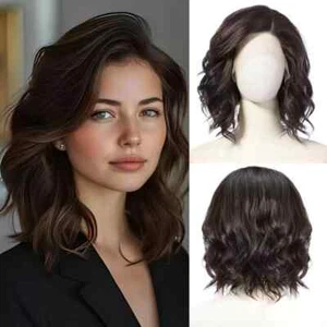Short Wavy Human Hair Wig Black Brown Human Hair Lace Front Bob Wigs for Women - Picture 1 of 5