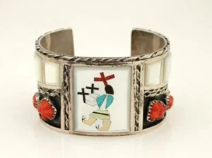 Zuni Rainbow Dancer by F Panteah multi-gem&Sterling Cuff 102grms 6 5/8" wearabl - Picture 1 of 10