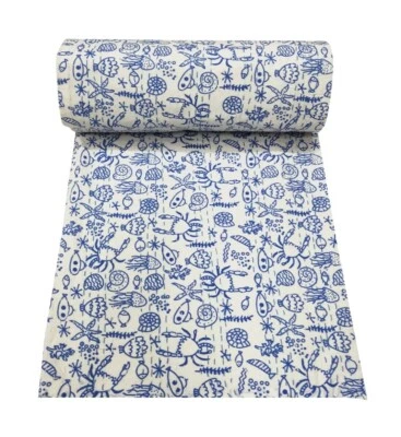 Indian Hand Block Print Single Kantha Quilt Cotton Throw Bedding Bedspread Quilt - Image 1 of 4