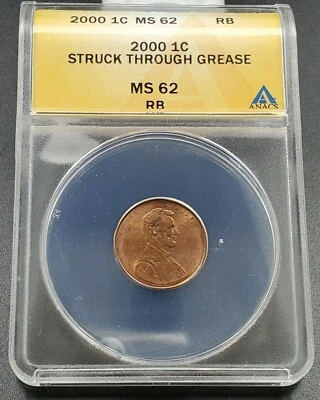 2000 Lincoln Memorial Cent Penny ANACS MS62 Major Struck Through Grease Error - Image 1 of 4