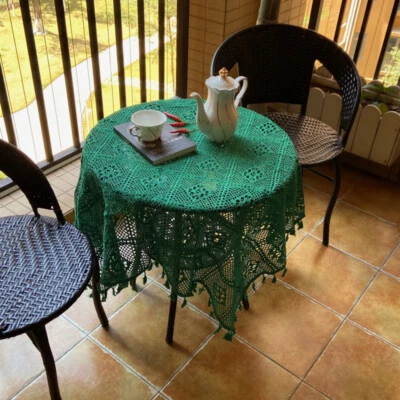 French Retro Crochet Lace Tablecloth Hollow Out Floral Doily Tassels Table Cover - Image 1 of 4