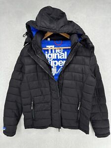Superdry Fuji Puffer Jacket Mens Large Detachable Hoodie Mountain Black Blue Jap
