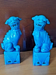 Coppia statuette di cani di Foo cinese in porcellana turchese vintage anni '60 - Imagen 1 de 5