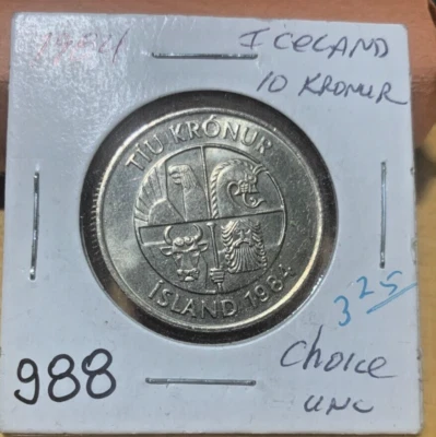 1984 Iceland 10 Krónur KM# 29.1, Uncirculated. Coin #988 - Image 1 of 2