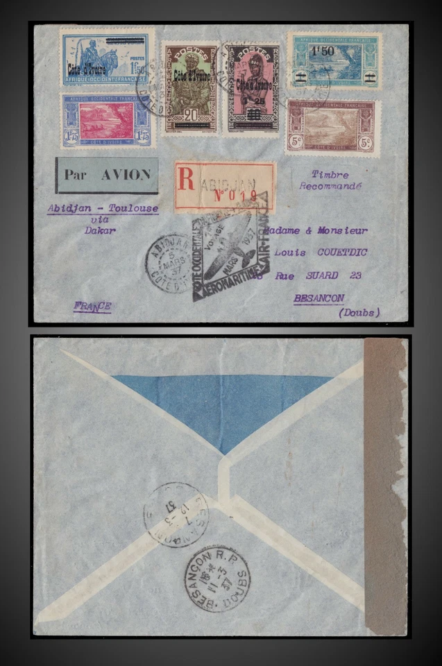 1937  Abidjan Côte d'Ivoire RARE AIR REGISTERED COVER - Besançon - FR. FIRST FLY - Image 1 of 1