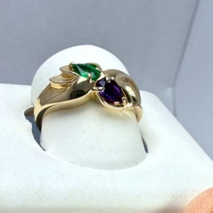 14K Yellow Gold 5X4mm Pear Shape Amethyst & Emerald Bypass ring size 6.5 4.5gm - Picture 1 of 8