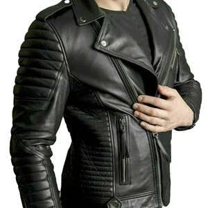 Mens Motorcycle Quilted Style Cafe Racer Genuine Leather Biker Vintage Jacket - Picture 1 of 3