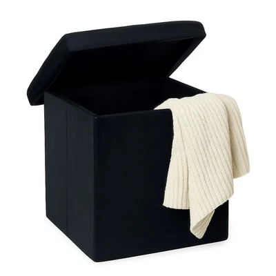 Pouf Pieghevole in Velluto Nero 38x38x38 cm Salvaspazio con Coperchio Moderno - Immagine 1 di 4